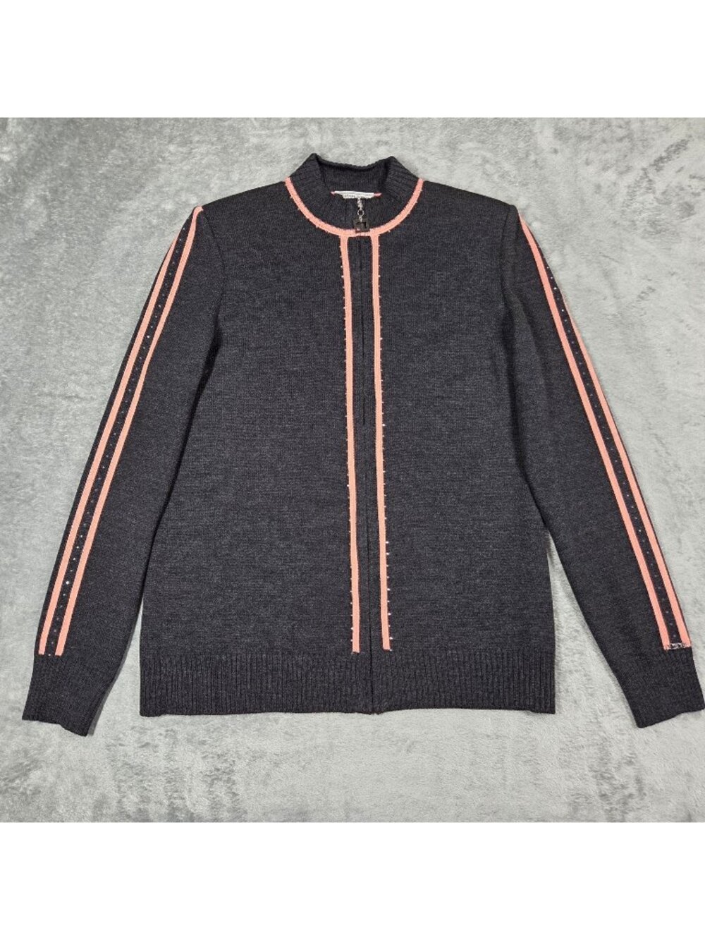 St John Sport Cardigan Small Gray Wool Blend Knit Pink Stripe Rhinestone Accent